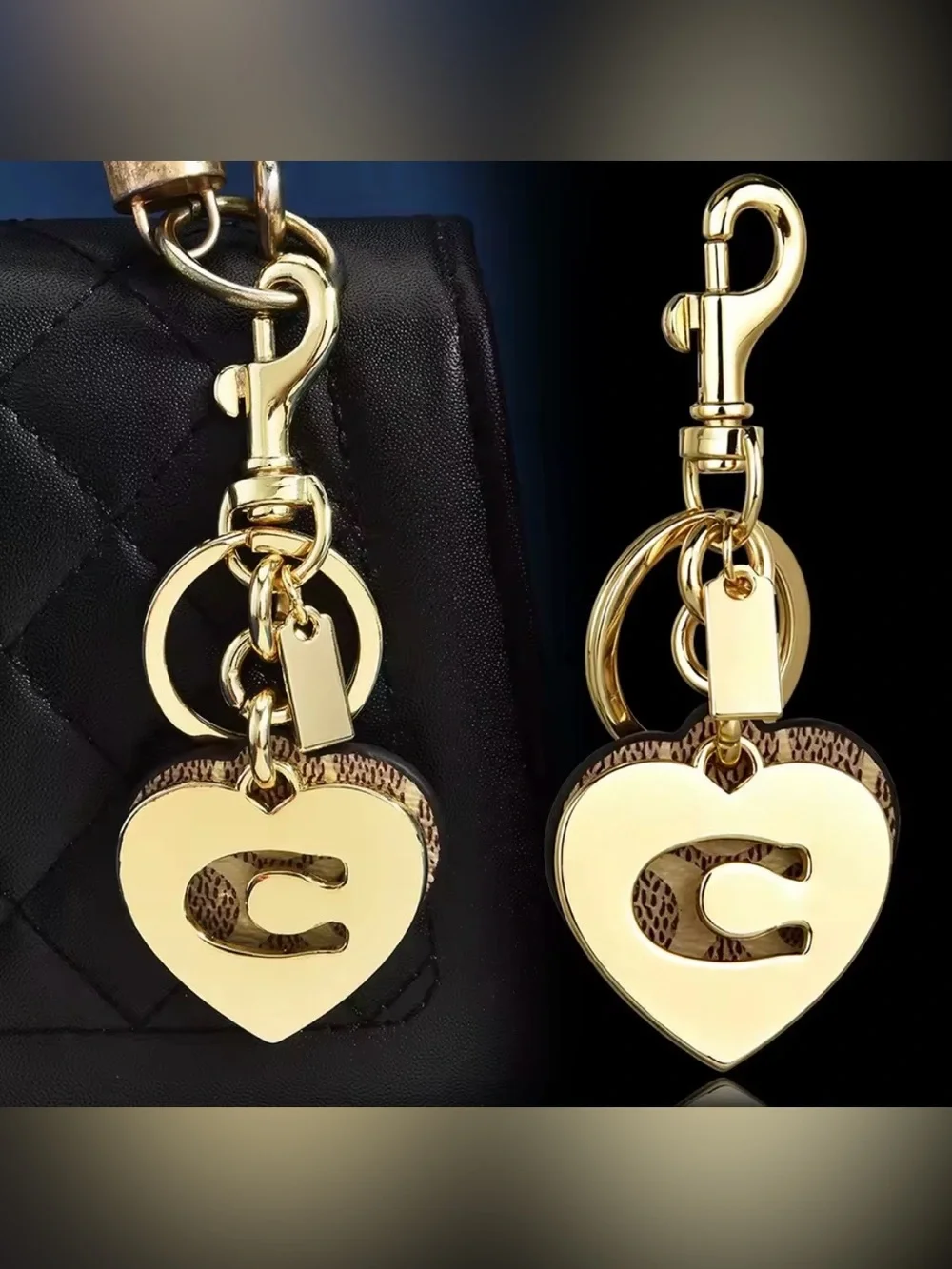 Coach Signature CC Monogram Logo Double Heart Bag Charm Keychain